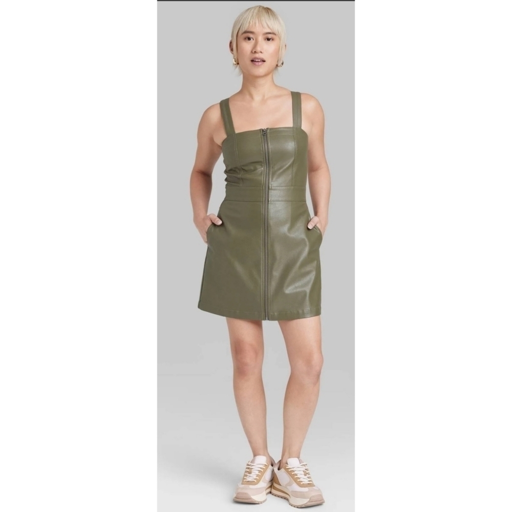 Wild Fable Faux Leather Zip Front Mini Pinafore Olive Green Dress